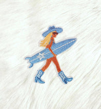 Load image into Gallery viewer, Blue Coastal Cowgirl Beach w/ Surfboard Iron On Patch