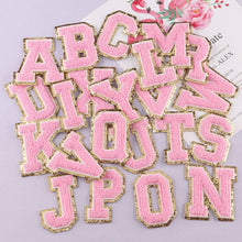 Load image into Gallery viewer, Light Pink Chenille Iron On Gold Glitter Letter Patches