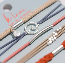 Load image into Gallery viewer, "Celebrate" Blues and Corals With Silver Wave Charm Hair Tie Bracelets