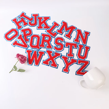 Load image into Gallery viewer, Red Chenille Iron On Blue Glitter Letter Patches