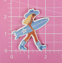 Load image into Gallery viewer, Blue Coastal Cowgirl Beach w/ Surfboard Iron On Patch