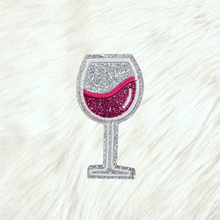 Load image into Gallery viewer, Wine Glass on Silver Glitter Iron On Patch