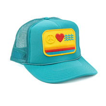 Load image into Gallery viewer, Peace Love &amp; Waves Patch Trucker Hat
