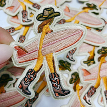 Load image into Gallery viewer, 2.5" Cowgirl w Surfboard - Embroidered Hat Patch
