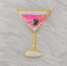 Load image into Gallery viewer, Sequin Pink Martini with Olive Embroidery Iron On Patch
