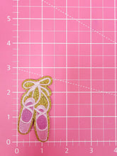 Load image into Gallery viewer, Ballerina Dance Pointe Shoes Pink Ribbon Gold Glitter Embroidery Iron On Patch
