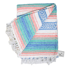 Load image into Gallery viewer, Mint Blue and Coral Peach Mexican Falsa Blanket
