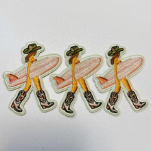Load image into Gallery viewer, 2.5" Cowgirl w Surfboard - Embroidered Hat Patch
