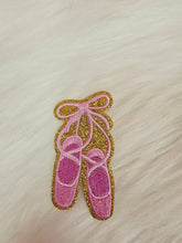 Load image into Gallery viewer, Ballerina Dance Pointe Shoes Pink Ribbon Gold Glitter Embroidery Iron On Patch
