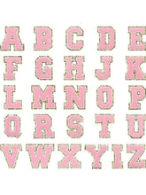 Load image into Gallery viewer, Light Pink Chenille Iron On Gold Glitter Letter Patches
