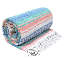Load image into Gallery viewer, Mint Blue and Coral Peach Mexican Falsa Blanket
